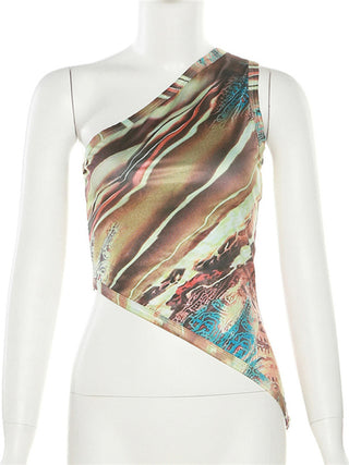 Women's Fashion Printed One Shoulder Sleeve Diagonal Hem Slim Fit Bottom Vest