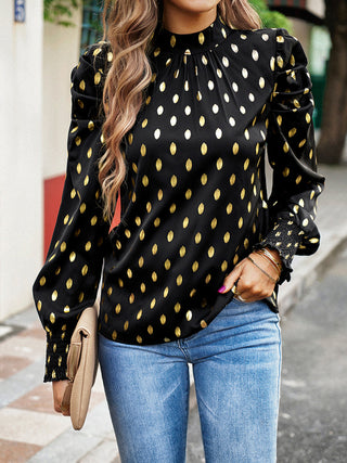 Women's Gold Dot Round Neck Long-Sleeved Blouse