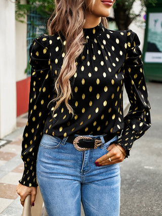 Women's Gold Dot Round Neck Long-Sleeved Blouse