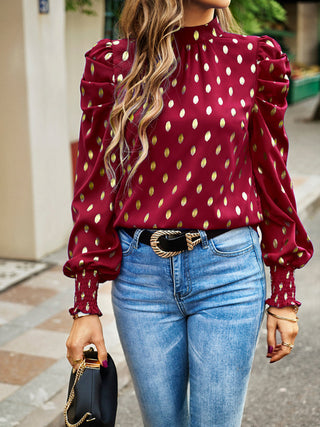Women's Gold Dot Round Neck Long-Sleeved Blouse
