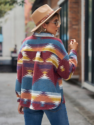 New geometric pattern short loose lapel pocket buttons women's woolen coat