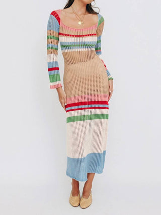 Colorful U-Neck Hollow Knit Mini Dress for Women