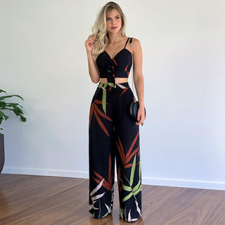Women's V-neck Top and high-waist Wide-leg Pants Set
